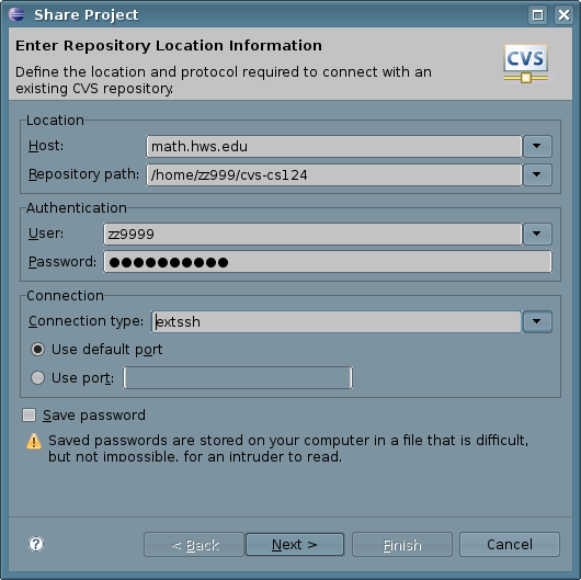 Dialog box for creating a CVS config in Eclipse