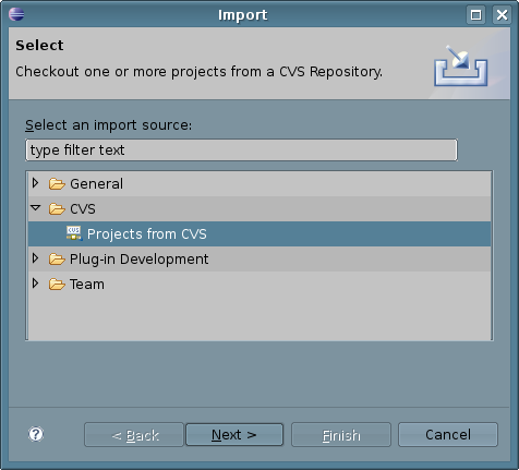 Dialog box for importing a project from CVS in Eclipse