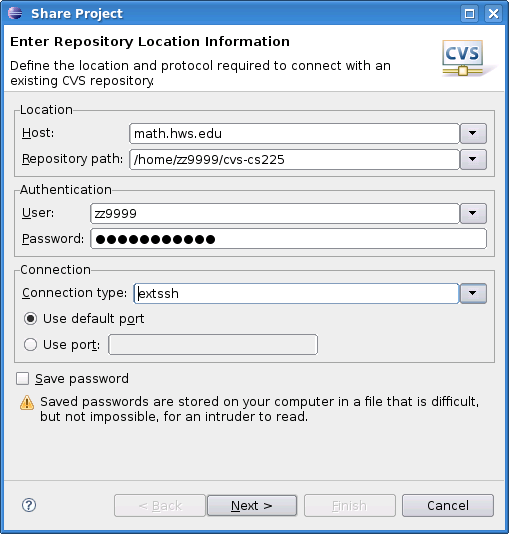 Dialog box for creating a CVS config in Eclipse