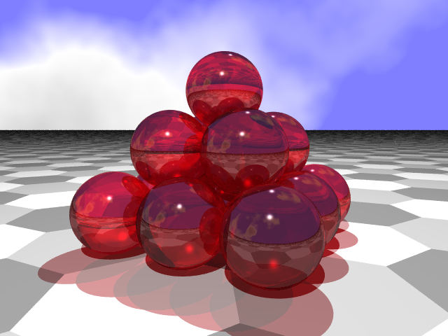 Ray-traced image of red glass spheres