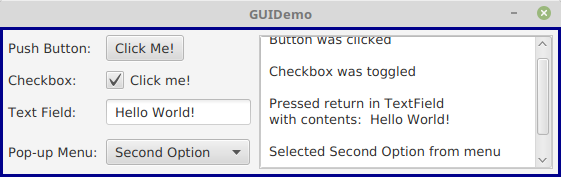 Screenshot from GUIDemo demonstrates some basic GUI components