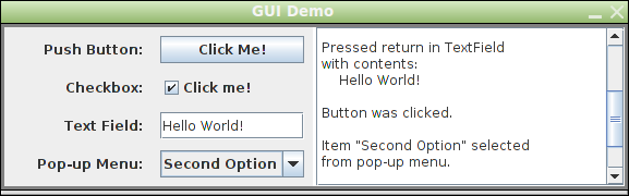 Screenshot from GUIDemo demonstrates some basic GUI components