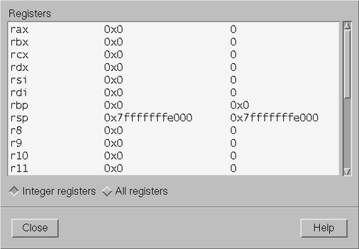 The Registers window from the ddd debugger.