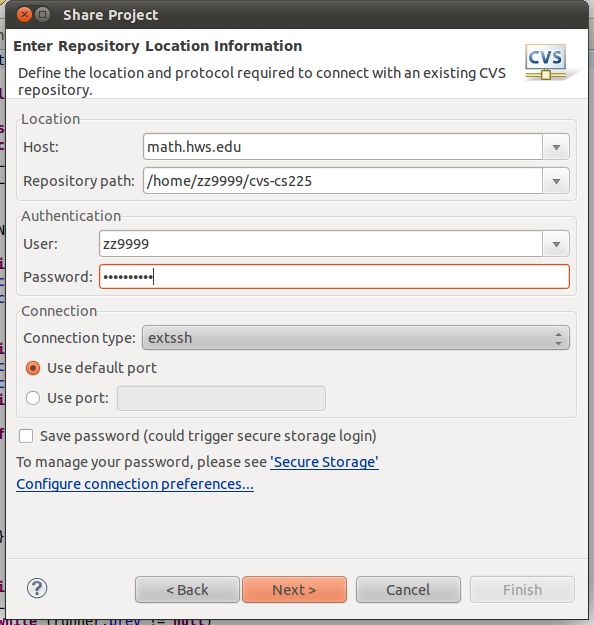 Dialog box for creating a CVS config in Eclipse