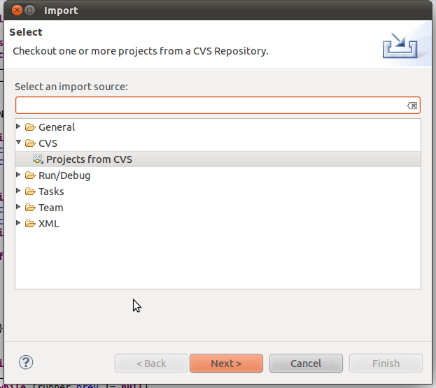 Dialog box for importing a project from CVS in Eclipse