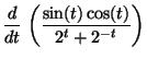 $ \displaystyle \frac{d}{dt}\,\left(\frac{\sin(t)\cos(t)}{2^t+2^{-t}}\right)$