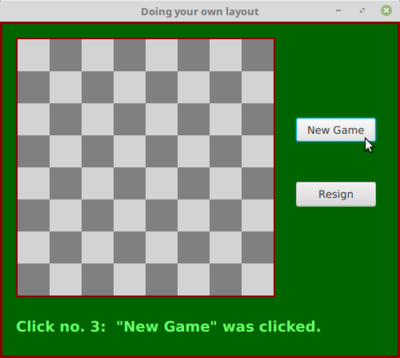 OwnLayoutDemo with checkerboard, two buttons, and a message