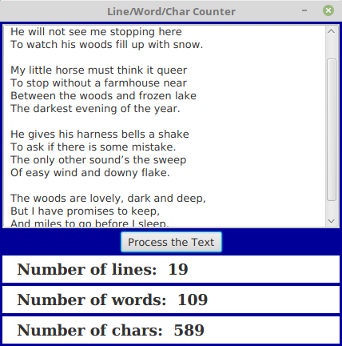 TextCounter program showing some text and the numbers of words, lines and chars